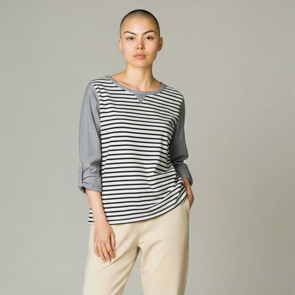 Anthropologie Striped Gray & White Lightweight Adjustable Sleeve Women's XS Top